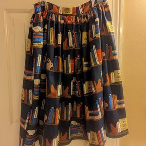 Collectif Vintage Skirt Size Large Books Library Bunny Cat Navy